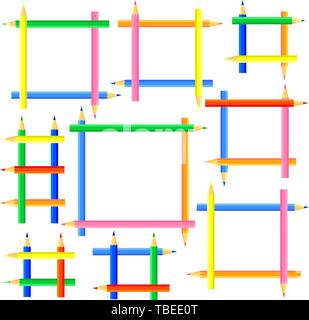 Square frames created from colored pencils. The pointed sides of colored pencils are directed in different directions. Vector illustration. Stock Vector