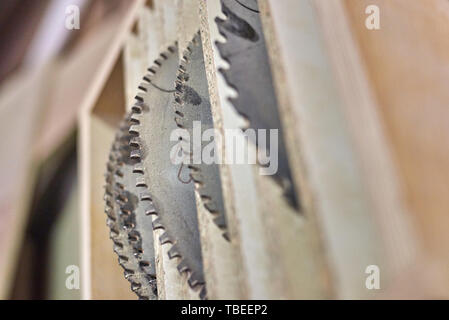 Carpenter saws in a woodworking workshop Stock Photo