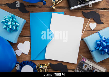 Father's day blank card background surrounded by presents and gifts Stock Photo