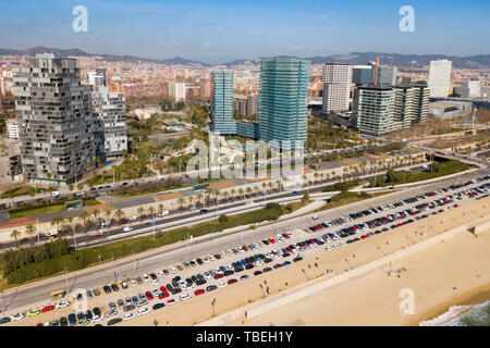 Aerial panoramic view of Barcelona modern neighborhood of Diagonal Mar i el Front Maritim del Poblenou on Mediterranean coast, Spain Stock Photo