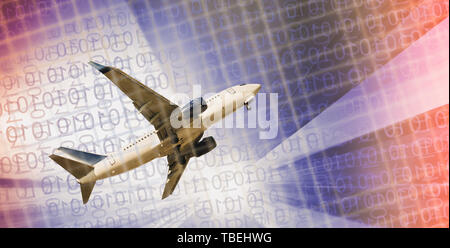 White plane flying on background of blurred skyscrapers and binary key Stock Photo