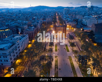 Picturesque evening panoramic view of Barcelona with Triumphal Arch - one of city iconic landmarks, Spain Stock Photo