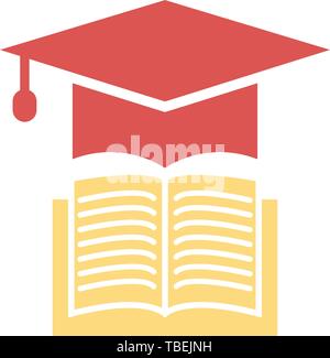 Book with vector graduation cap - education icon, academic university hat illustration Stock Vector