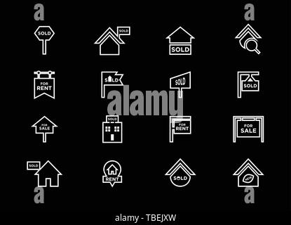 Real estate icons set - linear white on a black background Stock Vector