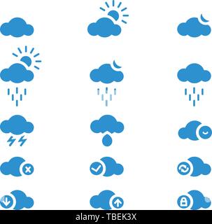 Set of cloud vector glyph icon. Cloud sign set vector - blue Stock Vector