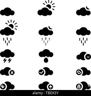 Set of cloud vector glyph icon. Cloud sign set vector - black Stock Vector