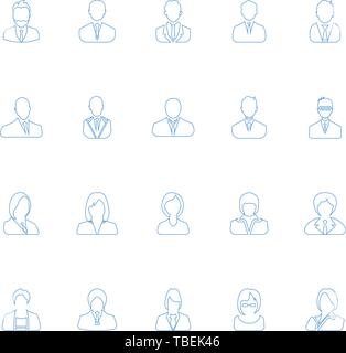 Men and women avatar icons set blue - vector. Line art business people icons set Stock Vector