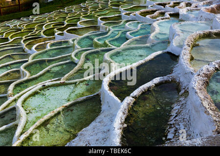 Lacy travertine formations in famous Egerszalok spa resort, Hungary Stock Photo