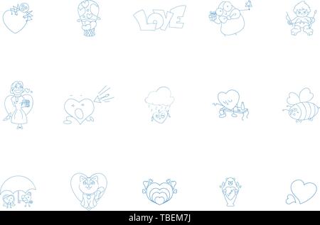 Set of patch badges and stickers with cute hearts characters - Valentine love and sticker illustration - linear style icon vector blue Stock Vector
