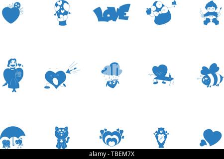 Set of patch badges and stickers with cute hearts characters - Valentine love and sticker illustration - Glyph style icon vector blue Stock Vector