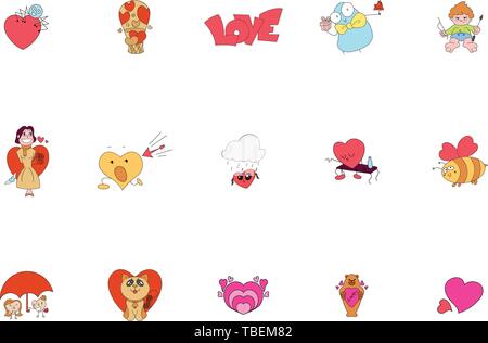 Set of patch badges and stickers with cute hearts characters - Valentine love and sticker illustration - Linear fill style icon vector Stock Vector