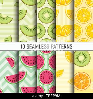 Set of ten lemon, orange, kiwi, watermelon slices seamless patterns. Cute style. Citrus fruits, Summer bright colors, juicy fresh backgrounds. Stock Vector
