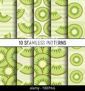 Set of ten kiwi slices seamless patterns. Cute green kiwi slices. Summer bright colors, juicy fresh citrus fruits backgrounds, design elements. Tasty. Stock Vector