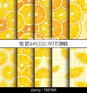 Set of ten lemon and orange slices seamless patterns. Yellow and orange colors. Citrus fruits, summer bright colors, juicy fresh backgrounds. Tasty. Stock Vector