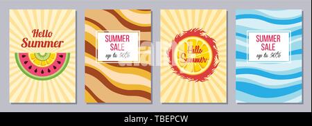 Set of flyers, posters, banners, placards, brochure design templates A6 size. Summer theme backgrounds with slices of lemon, kiwi, watermelon. Stock Vector