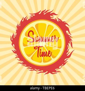 Summer Time theme with slice of orange on stylized sun background. Design for greeting cards, invitations, announcements, advertisements. Bright. Stock Vector