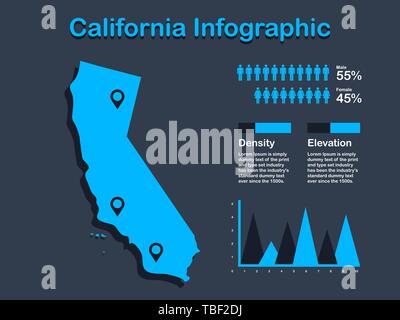 California State (USA) Map with Set of Infographic Elements in Blue Color in Dark Background. Modern Information Graphics Element for your design. Stock Vector