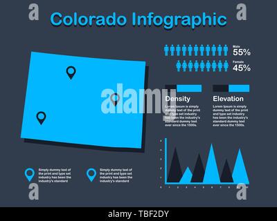 Colorado State (USA) Map with Set of Infographic Elements in Blue Color in Dark Background. Modern Information Graphics Element for your design. Stock Vector