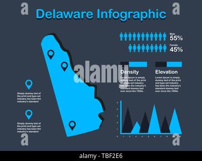 Delaware State (USA) Map with Set of Infographic Elements in Blue Color in Dark Background. Modern Information Graphics Element for your design. Stock Vector