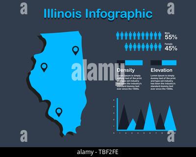 Illinois State (USA) Map with Set of Infographic Elements in Blue Color in Dark Background. Modern Information Graphics Element for your design. Stock Vector