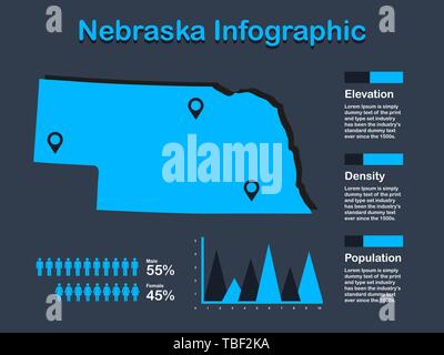 Nebraska State (USA) Map with Set of Infographic Elements in Blue Color in Dark Background. Modern Information Graphics Element for your design. Stock Vector