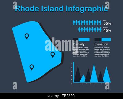 Rhode Island State (USA) Map with Set of Infographic Elements in Blue Color in Dark Background. Modern Information Graphics Element for your design. Stock Vector