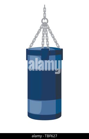 Blue punching bag with metal chain hanging to the ceiling flat vector illustration. Stock Vector