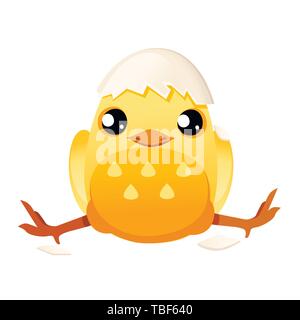 Cute little cartoon chick with hat from egg shell cartoon character design flat vector illustration. Stock Vector