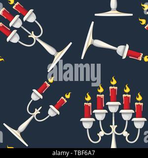 Seamless pattern. Candles in candlesticks set. Silver candelabra with red burning candles. Flat vector illustration on white background. Stock Vector