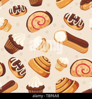Seamless pattern. Sweet roll cake. Chocolate swiss roll. Collection of cakes. Flat vector illustration on beige background. Stock Vector