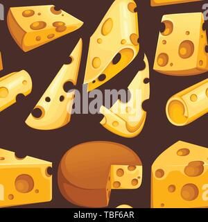Seamless pattern. Cheese slices collection. Triangular piece of cheese. Dairy milk product icon set. Flat vector illustration on brown background. Stock Vector