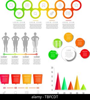 Modern creative infographics elements collection. Gradient objects with numbers and text, timeline infographics, check, speech bubbles, process charts Stock Vector