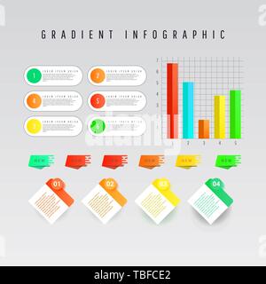 Modern creative infographics elements collection. Gradient objects with numbers and text, timeline infographics, check, speech bubbles, process charts Stock Vector