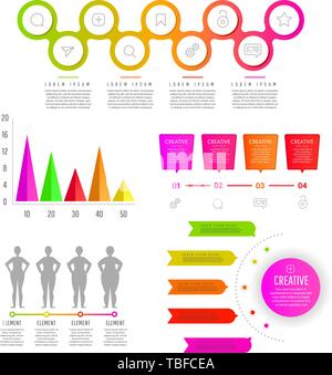 Modern creative infographics elements collection. Gradient objects with numbers and text, timeline infographics, check, speech bubbles, process charts Stock Vector