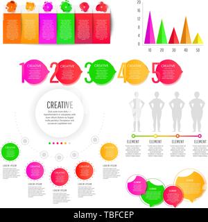 Modern creative infographics elements collection. Gradient objects with numbers and text, timeline infographics, check, speech bubbles, process charts Stock Vector