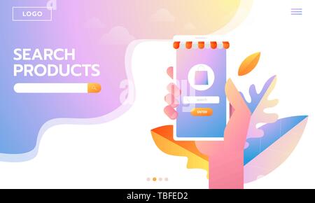 E-commerce buyer. Internet items. Banner young woman shopping online. vector illustrations. Interacting people Stock Vector