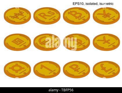 isometric vector coin set of world currencies. Isometric icons. Elements of design of a business concept. Vector design elements, business or finance Stock Vector