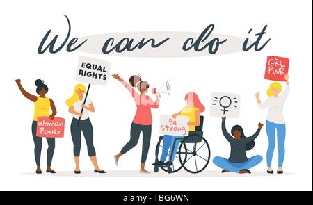 Women are taking part in parade for their rights, holding banners and protesting. Vector illustration isolated on white background. We can do it text. Stock Vector