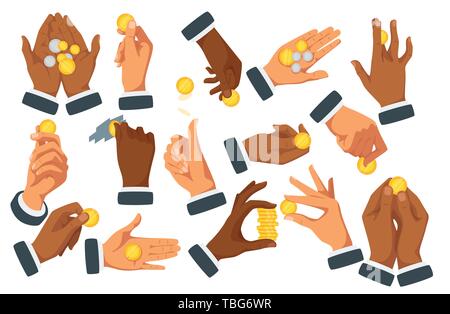 Hands holding coins flat vector illustrations set. European, dark skin businessmen, banker, financier with money. Profit, income, salary. Finance, tra Stock Vector