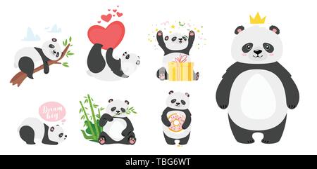 Cute panda bears flat vector illustrations set. Asian rainforest animal sleeping on tree branch. Adorable jungle wild mammal eating bamboo stem. Carto Stock Vector