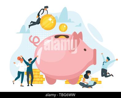 Coins in piggy bank flat vector illustration. Family saving money together. Quick cash, loan. Bankers, financiers, accountants, investors cartoon char Stock Vector