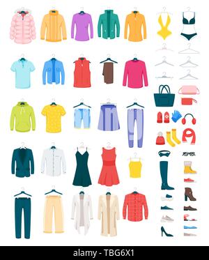Men and women clothes on hangers vector illustrations set. Footwear and accessories isolated cliparts pack. Winter and summer seasonal outfits. Dresse Stock Vector