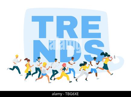 Internet trends chase flat vector web banner template. Future tendency hunting. Digital marketing strategy, promotional campaign. Business analysts ru Stock Vector