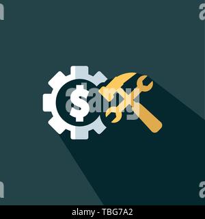 Dollar gears icon with tools - Flat vector illustration Stock Vector