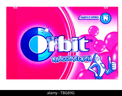 Chisinau, Moldova - SEPTENBER 15, 2017: Orbit Strong Mint chewing gum produced by Wrigley. Orbit is a brand of sugarless chewing gum that provides the Stock Photo