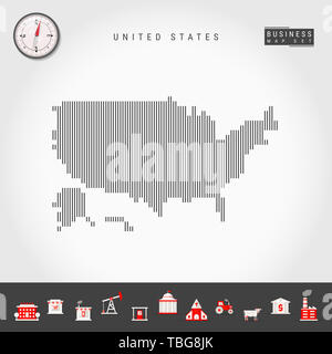 Vertical Lines Pattern Map of United States. Striped Simple Silhouette of USA. Realistic Compass. Business Infographic Icons. Stock Photo