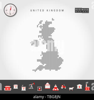 Vertical Lines Pattern Map of United Kingdom. Striped Simple Silhouette of Great Britain. Realistic Compass. Business Infographic Icons. Stock Photo