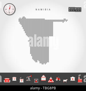 Vertical Lines Pattern Map of Namibia. Striped Simple Silhouette of Namibia. Realistic Compass. Business Infographic Icons. Stock Photo