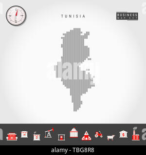 Vertical Lines Pattern Map of Tunisia. Striped Simple Silhouette of Tunisia. Realistic Compass. Business Infographic Icons. Stock Photo