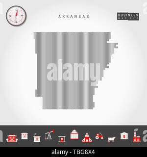 Vertical Lines Pattern Map of Arkansas. Striped Simple Silhouette of Arkansas. Realistic Compass. Business Infographic Icons. Stock Photo